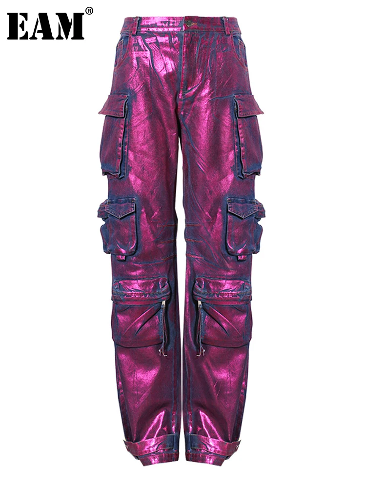 

[EAM] High Elastic Waist Purple Pocket Long Cargo Pants New Loose Fit Trousers Women Fashion Tide Spring Autumn 2024 1DH3898