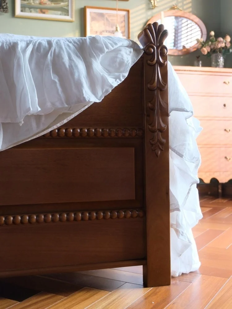 Camille's Love Letter Diary All Solid Wood Double Bed Vintage Log Carved Light Luxury 8