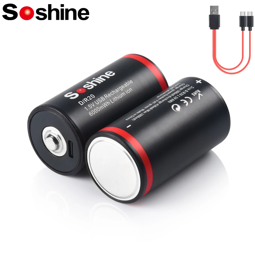 SOSHINE D Rechargeable Battery 1.5V USB Lithium Li ion 6000mWh D Size Rechargeable Batteries for Electric Guitar Microphone