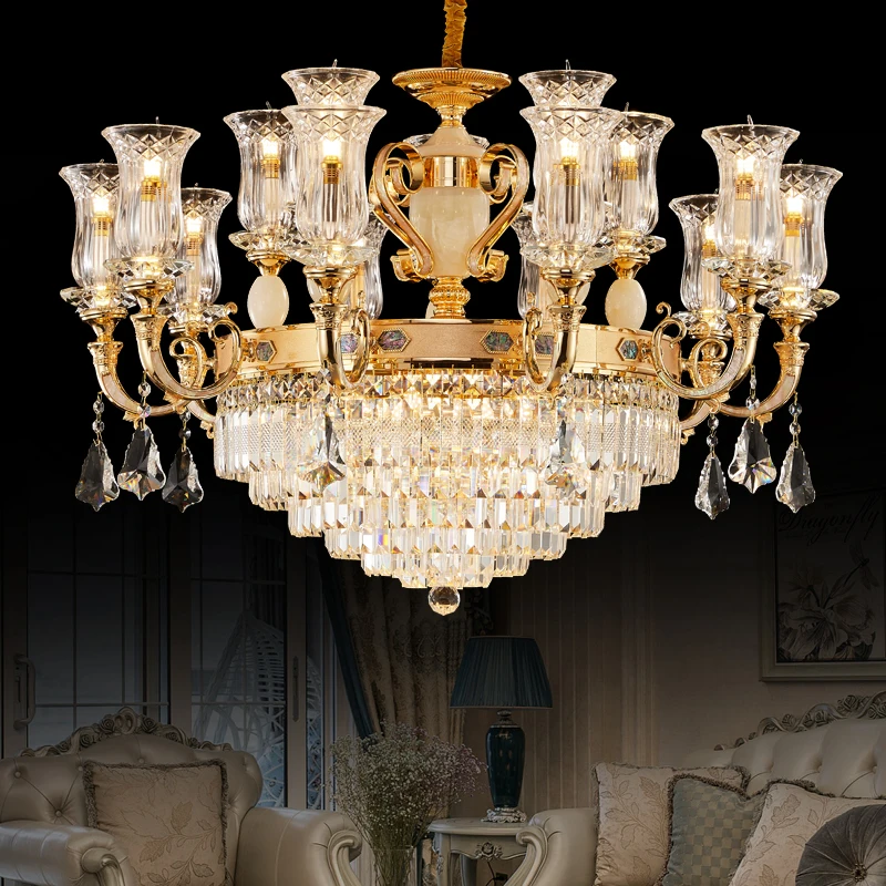 

European Indoor Hotel Lobby Villa Living Room Hanging Brass Iron Crystal Glass Chandelier Pendant Light