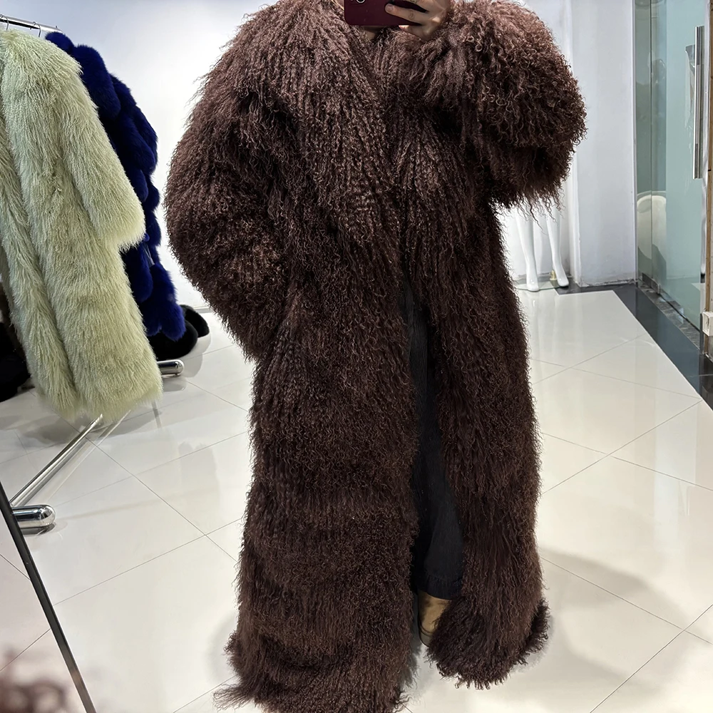 YOLOAgain Long Mongolia Sheep Fur Coat Women Luxury Real Fur