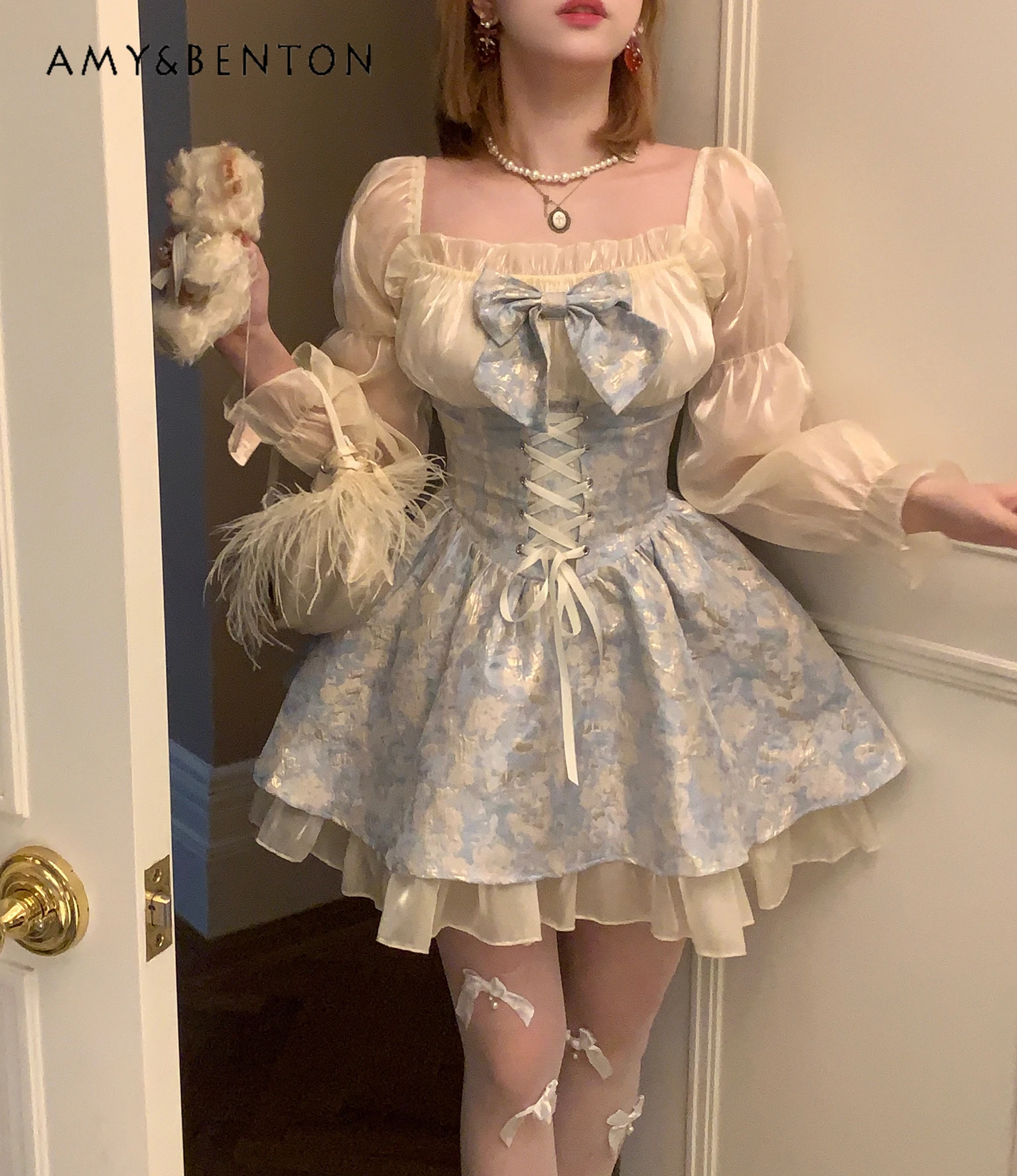 

Autumn Mori Girl Style Sweet Girl Bow Lace Up Sexy Dress Fashion Square Collar Puff Sleeve Slim Mini Dress Lady Birthday Dress