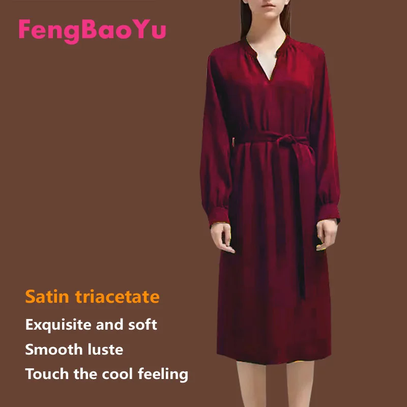 

Fengbaoyu Triacetic Acid Spring Summer Women's Long-sleeved V-neck Dress Black Medium-length Dress Silk Luster Light Extravagant