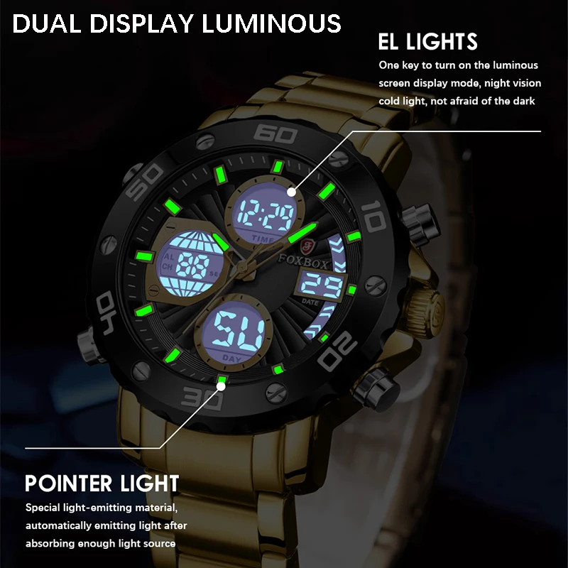 FOXBOX New Top Brand Men Watches Dual Display Stainless Steel 30M Waterproof Sports Digital Fashion Relogio Masculino 2024