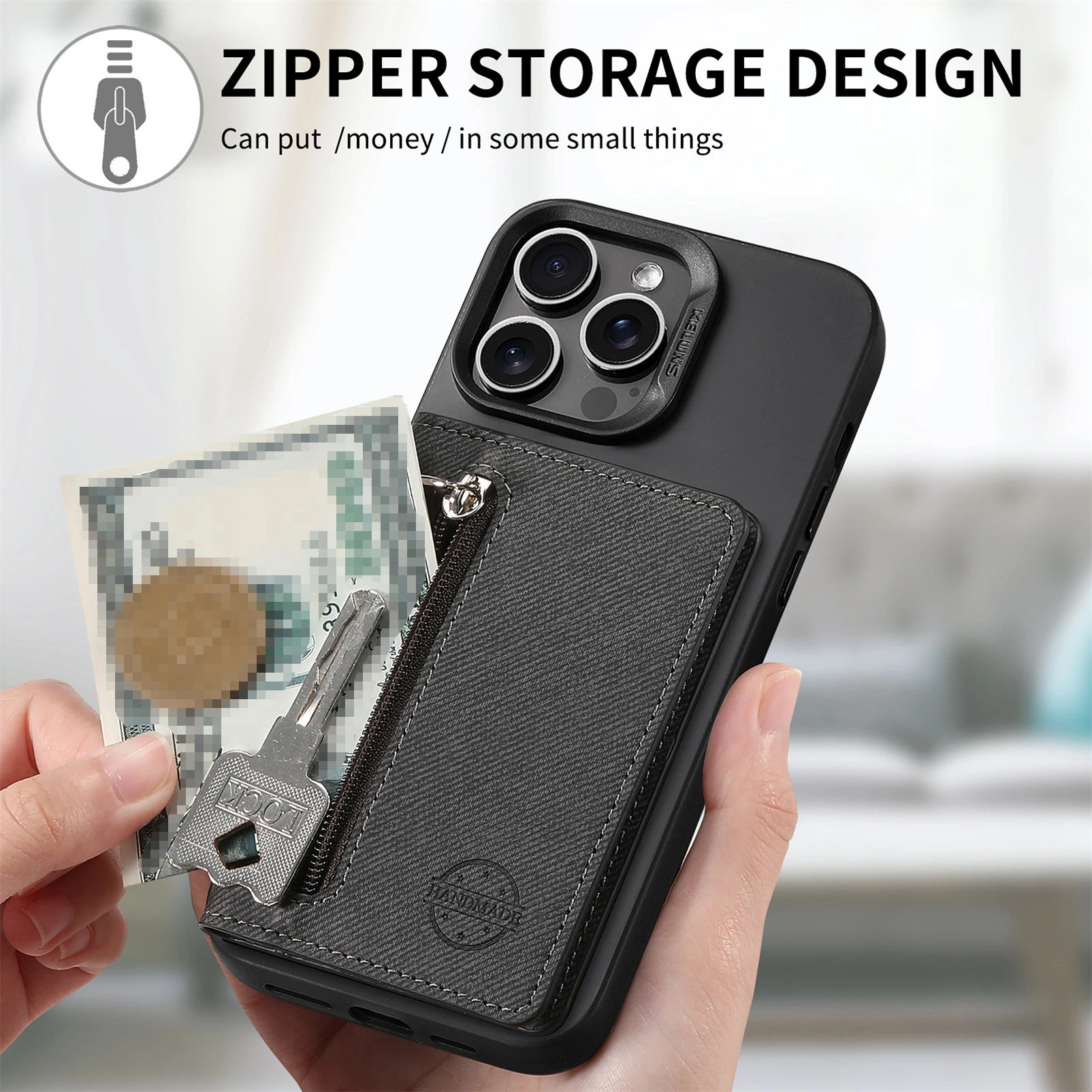 Premium PU Leather Mobile Phone Case with Card Holder and Zipper Wallet Stand