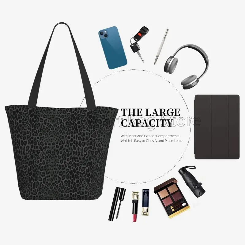 Black Leopard Print Reusable Grocery Bag Waterproof Shopping Handbags Women Travel Shoulder Bag Durable Tote Bags with Zipper
