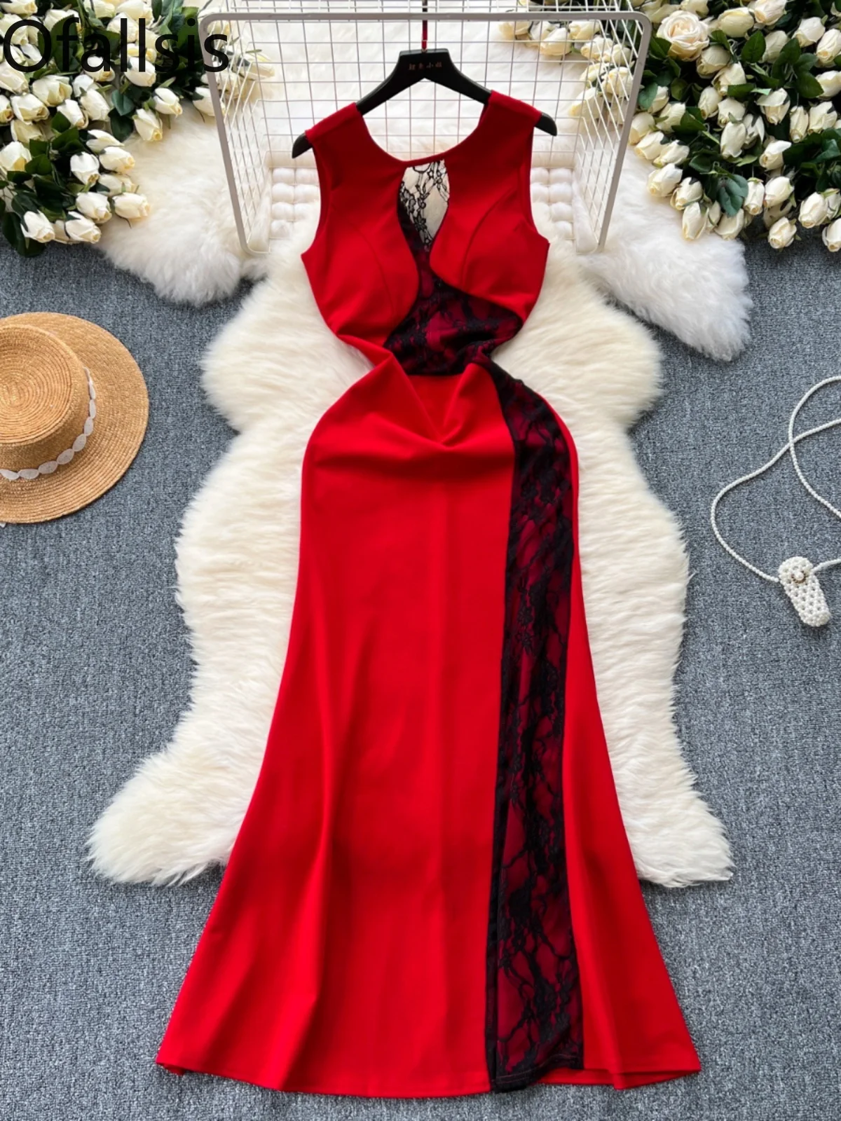 

Женское длинное платье без рукавов Ofallsis, элегантное кружевное платье с круглым вырезом и открытой панелью, платье с открытыми бедрами, 2024