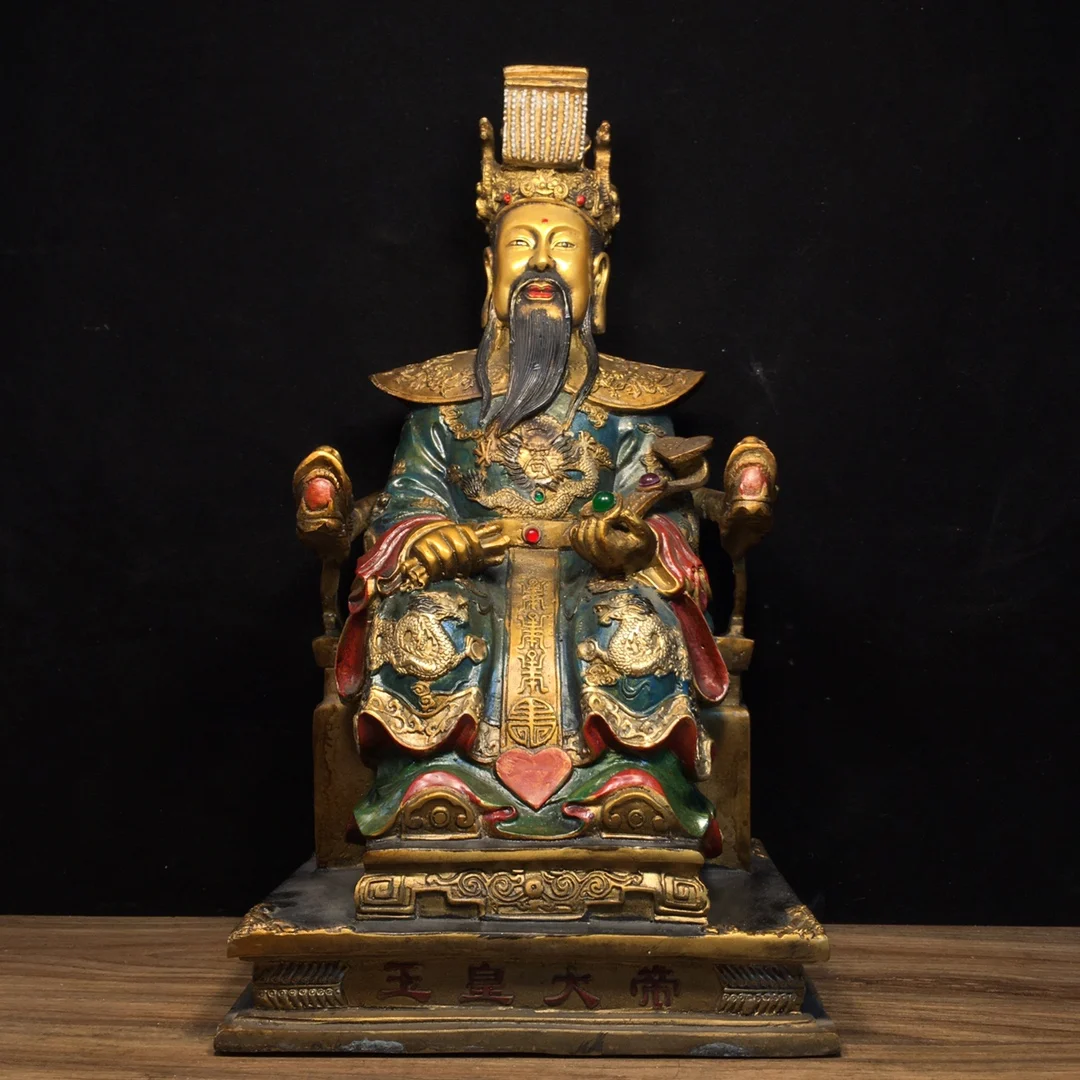 

15"Tibetan Temple Collection Old Bronze Painted Mosaic Gem Jade Emperor Dragon Head Chair Worship Hall Town house