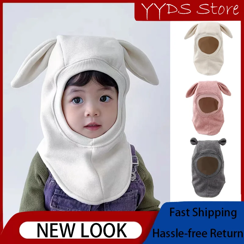 Winter Children's Wool Tweed Adjustable Pullover Cartoon Rabbit Ear Guard with Neck Cap Baby Balaklava Hat
