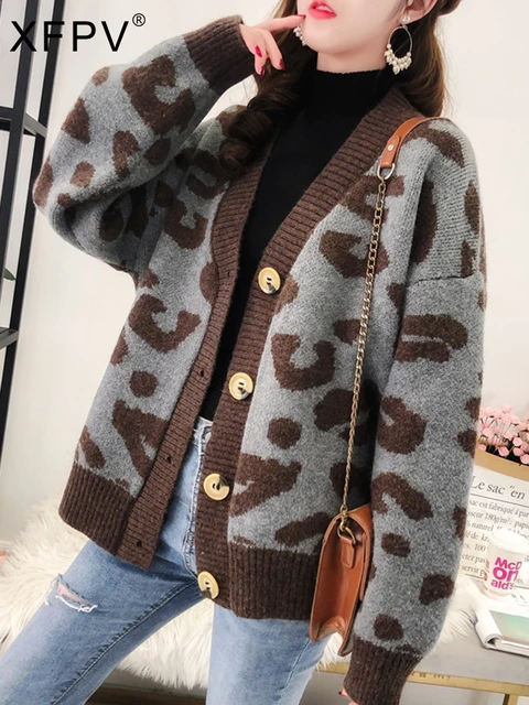Korean Chic Leopard Printed Cardigan Women V-neck Long-sleeved Leisure Sweater Coat Female Autumn New Tide SM7772