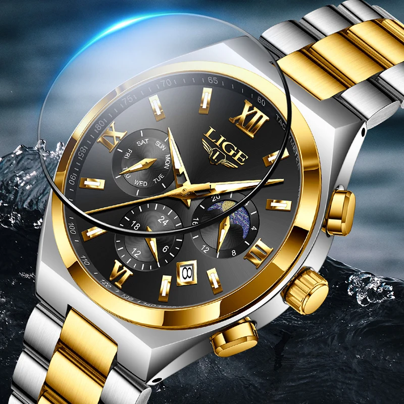 LIGE New Sport Chronograph Quartz Wristwatch Men Fashion Business Men Watch Stainless Steel Waterproof Military Watches For Men