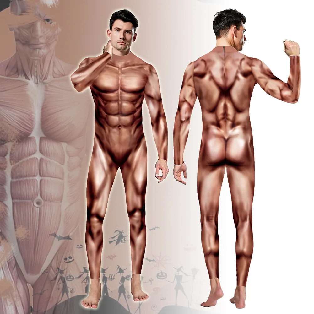 Cosplay Costumes Muscle Print Men Funny Suit Halloween Carnival Party Clothes Sexy Fitness Catsuit