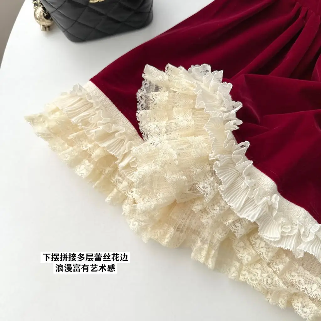 Elegant Velvet Lace Ruffles Patchwork Short Dresses for Women Long Sleeve A-line Korean Fashion Christmas Birthday Party Dress
