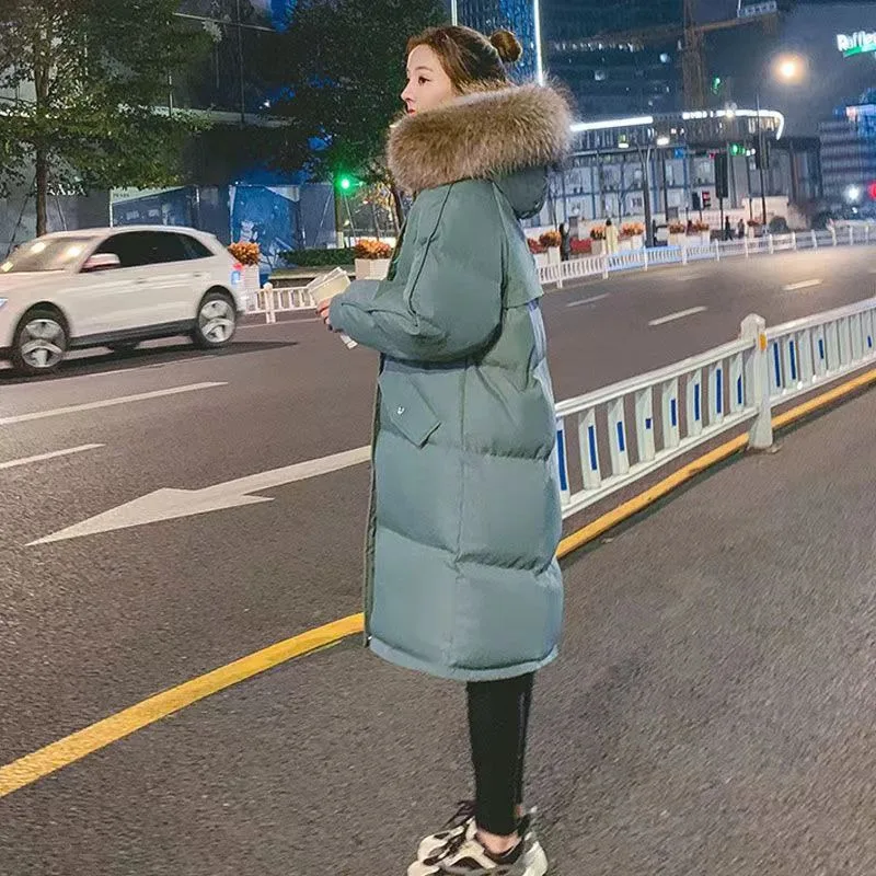 Women X-long Oversize Blue Down Jackets Thick Casual with Fur Parkas 2023 Winter Female Down Coats Hooded Solid Warm Snow Coats