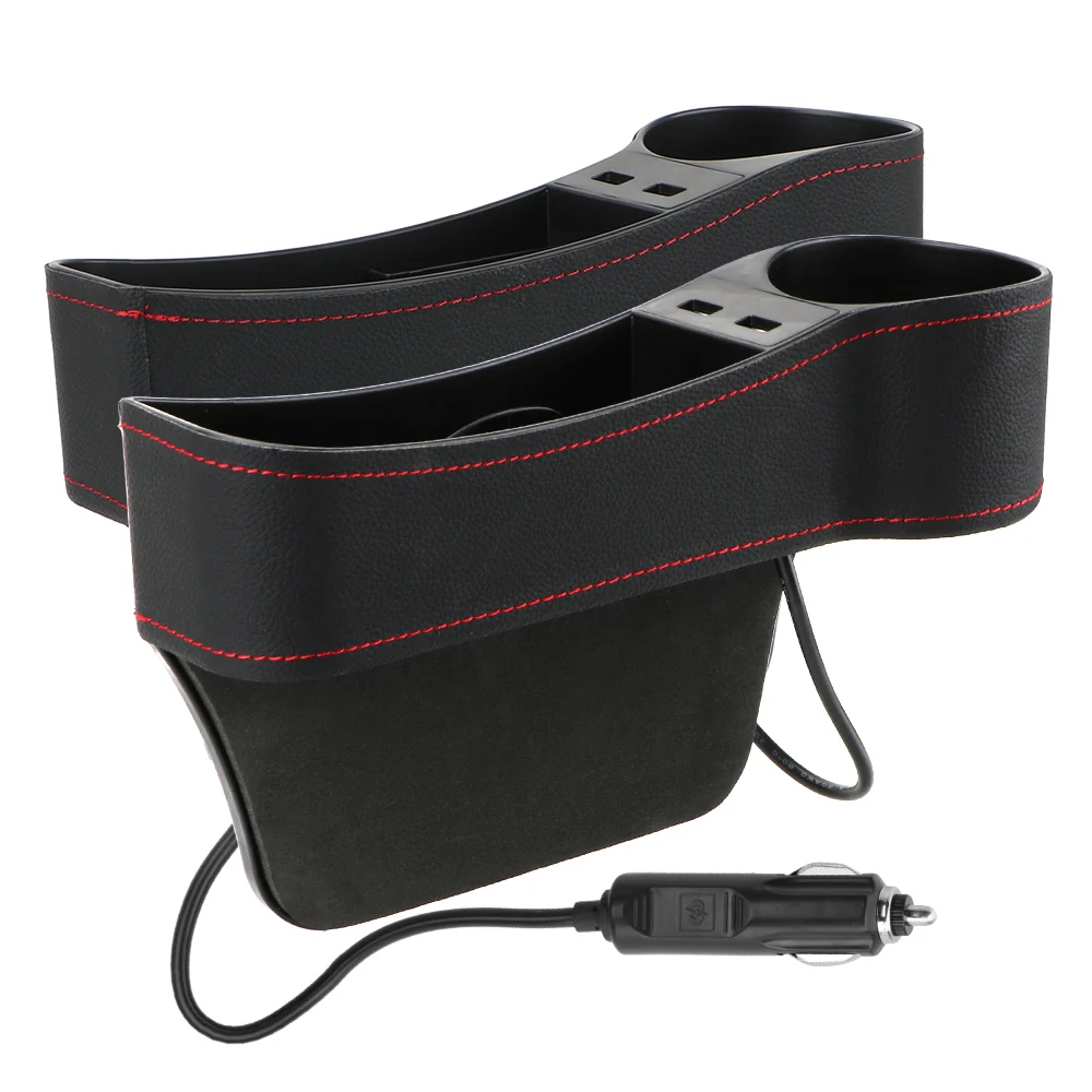 Dual USB Charger Seat Gap Slit Box Leather Car Seat Gap Storage Box Car Organizer Phone Bottle Cups Holder Accessories