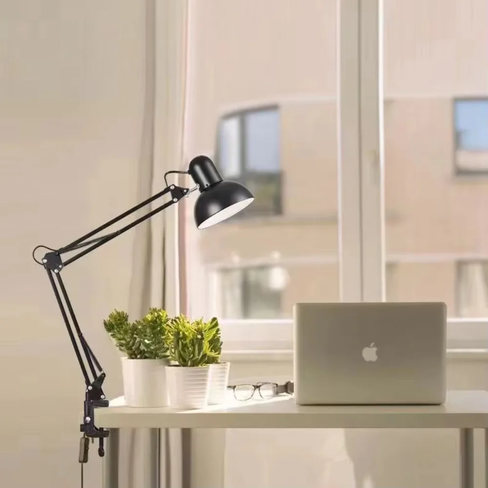 JOYINLED Adjustable LED Eye Protection Desk Lamp E27 Long Arm Big Lampshade Flexible Clip for Lamp Bedside Office Study Student