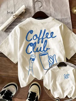 "Coffee Club" Printed Graphic T-shirt Women's Casual Round Neck Short-sleeved Top White Simple and Versatile T-shirt Summer 1