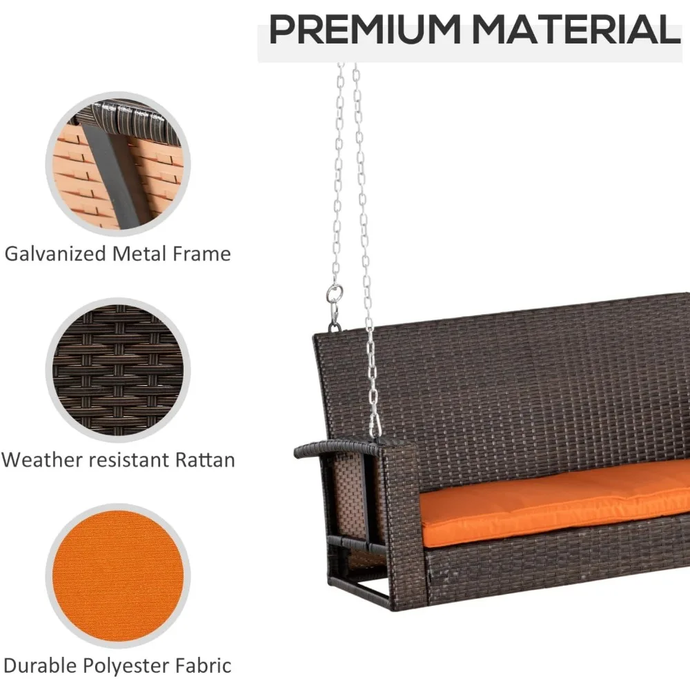 Hanging Porch Swing, Wicker Daybed for 2 with Cushions, 550 lb Capacity, Patio Furniture for Backyard & Garden, Orange 6