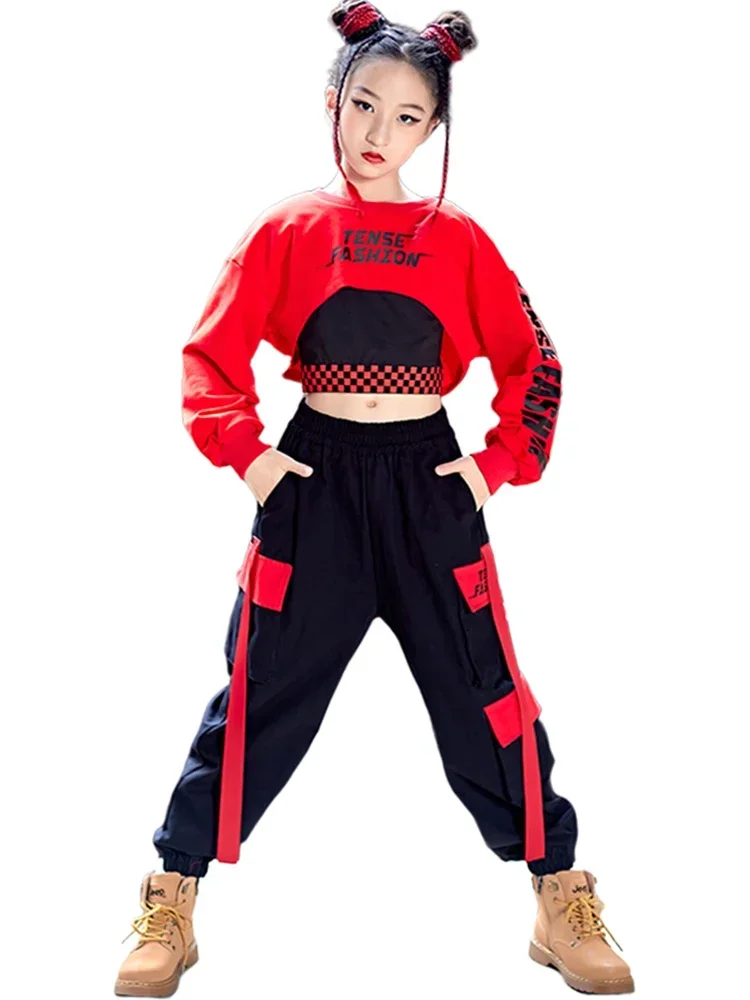 girl dance costume Teen Kids Fashion Streetwear Stage Outfit Girls Kpop Hip Hop Clothes Jazz Dance Costume Red Crop Tops Cargo Pants