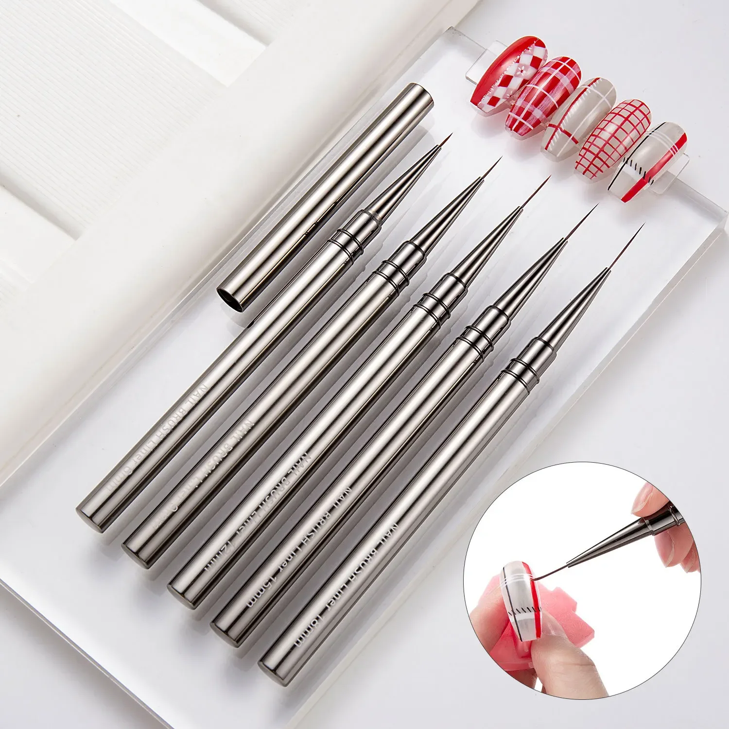 5PCS/set 6/9/12/15/18mm Nail Liner Brush Set Drawing Lines Stripe Painting Flower Pen Nail Art Manicure Metal Handle Brush Set 3