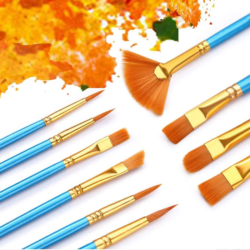 10pcs Nylon Hair Artist Paint Brushes with Fan Brush for Acrylic Oil Watercolor Gouache Face Body Paint Nail Rock Art Supplies