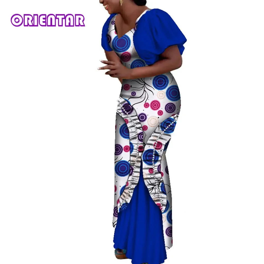 African Maxi Dress Women Fashion Puff Sleeve Long Dress African Wax Print Cotton Dress with Ruffles Pearls Evening Gowns WY9059