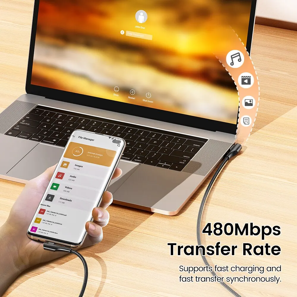 รูปสินค้า สายชาร์จ USB-C ชาร์จเร็ว 3.0 90 องศา ทนทาน ใช้ได้กับหลายแบรนด์