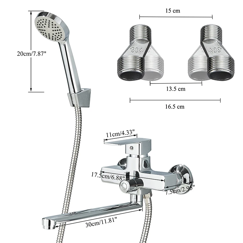 Chrome Long Spout Bathtub Shower Faucet Wall Mounted Hot Cold Mixer Swivel Tub Spout Bath Tap 2-ways Water Outlet Crane 30cm 5