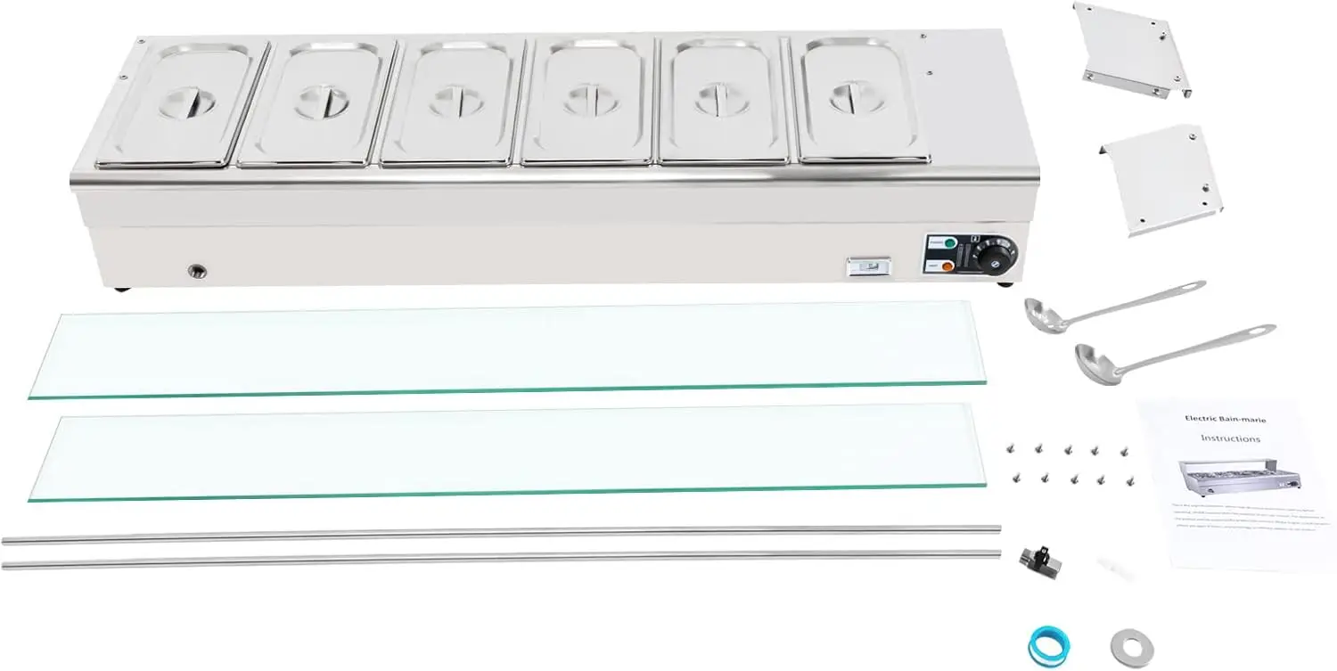 6 Pan x 1/3 GN Food Grade Stainelss Steel Commercial Food Steam Table 6-Inch Deep 1200W Electric Countertop Food Warmer 19 Quart 5