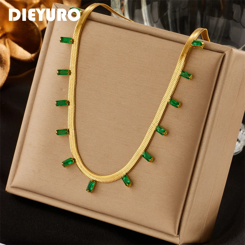 DIEYURO 316L Stainless Steel Green Crystal Necklace For Women High Quality Gold Color Jewelry Fashion Girls Snake Chain Gifts