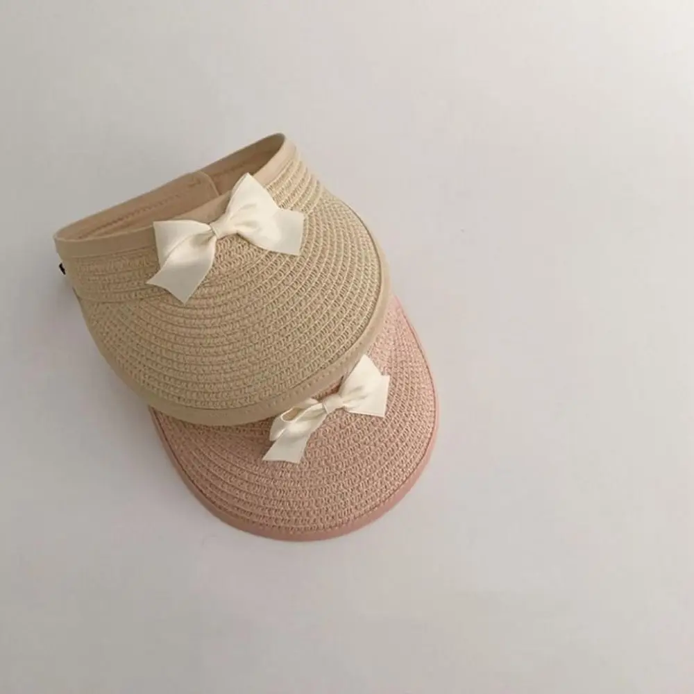 Adjustable Korean Baby Straw Caps Anti-UV Empty Top Bow Straw Hat Wide Brim Sun Protection Visor Cap Beach