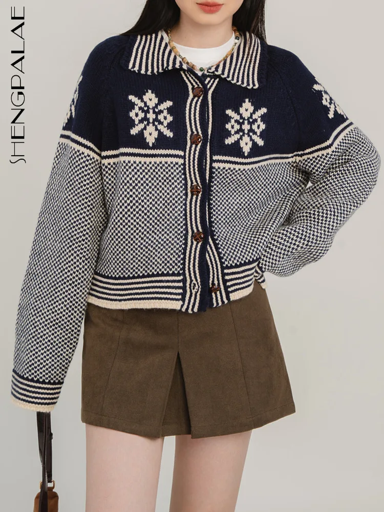 

SHENGPALAE Fashion Women Printed Knit Cardigan Vintage Lapel Single Breasted Contrast Color Sweater Female Autumn 2023 New R7125