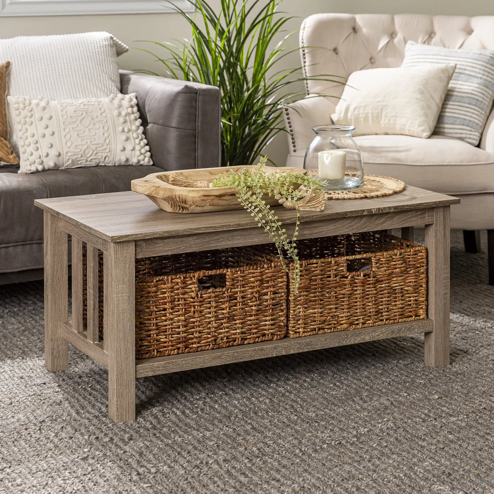 

Woven Paths Traditional Storage Coffee Table with Bins, Driftwood