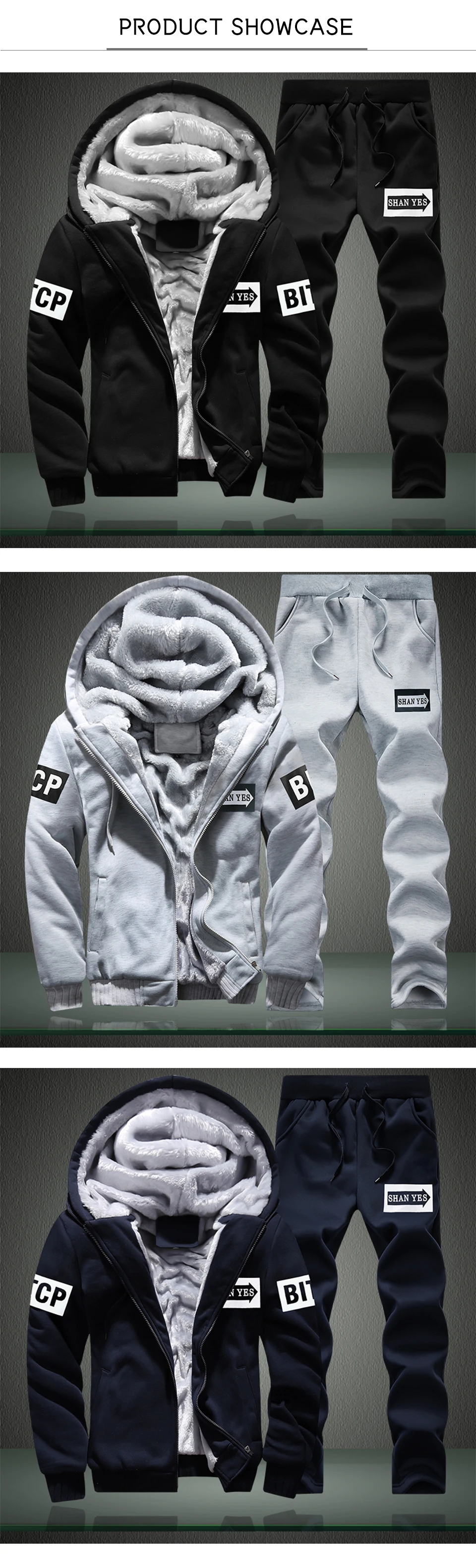 New Fleece Men Set Fashion Brand Tracksuit Lined Thick Sweatshirt + Pants Sportsw Male Winter Warm Hooded_voghion.com