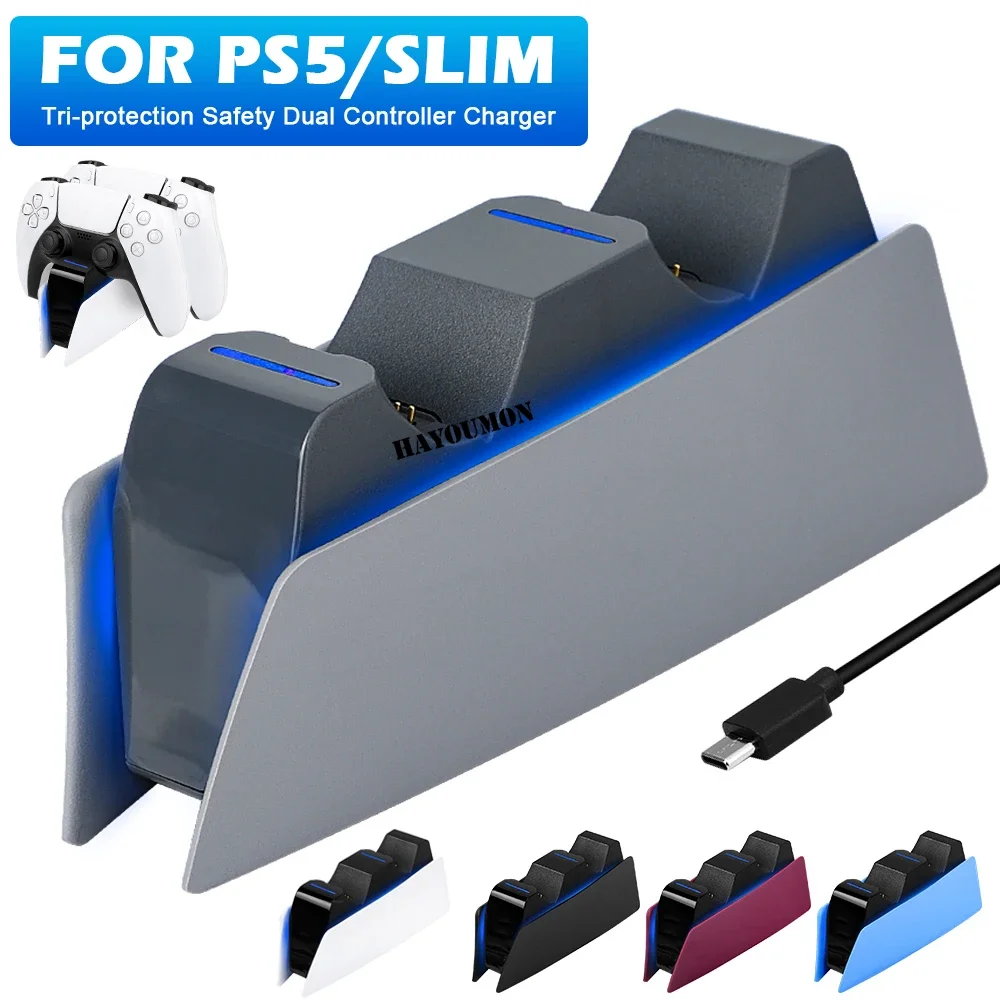 PS5 컨트롤러 충전 거치대 듀얼 고속 충전 스테이션 (5가지 색상) PS5 Type-C & PS5 Edge 게임 컨트롤러용 LED 표시등 포함