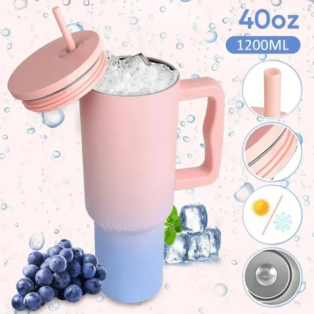 40oz Vacuum Thermos Cup Tumbler with Handle Lid Straw Stainless Steel Vacuum Mug Leak Proof Keep Cold Hot Travel Car Coffee Mug