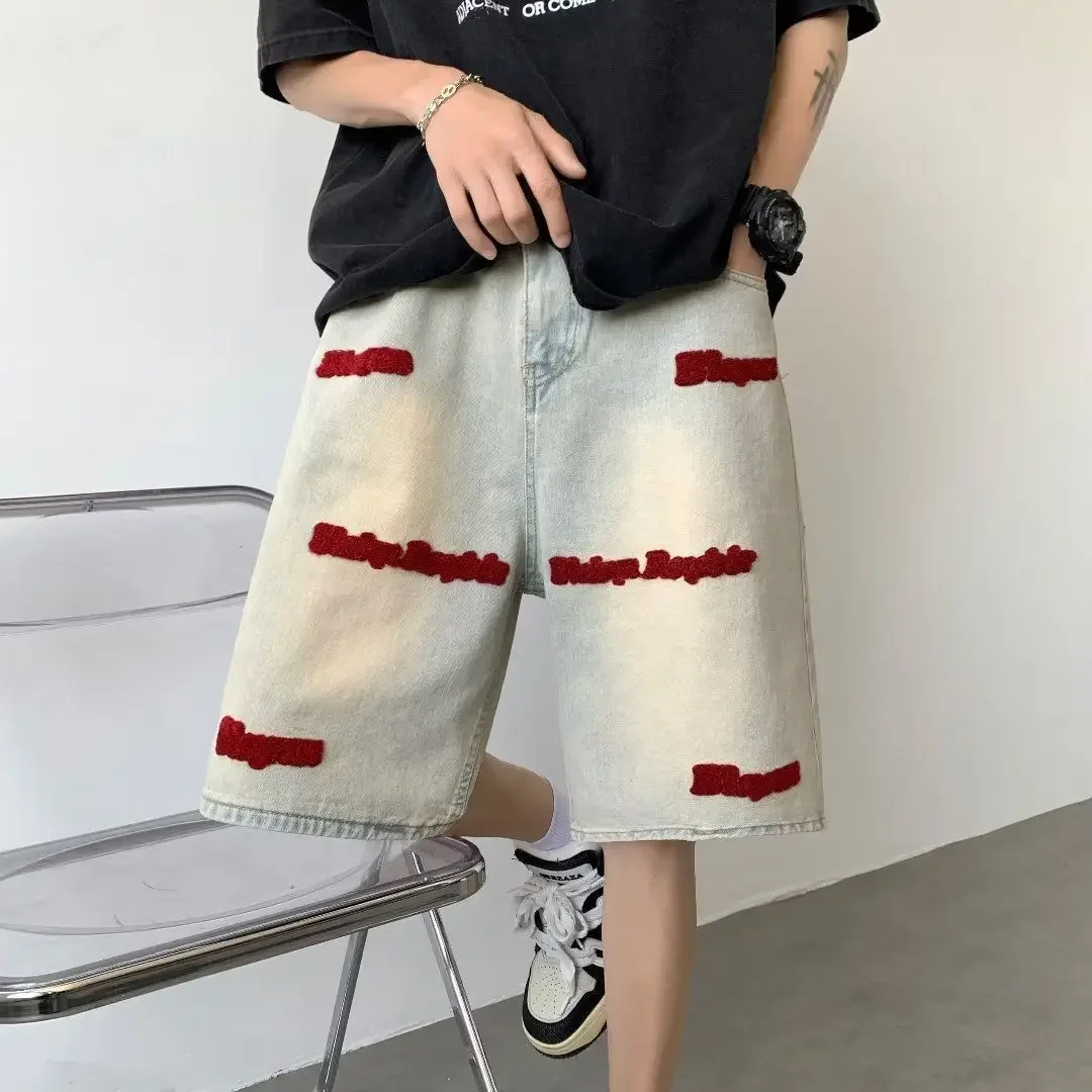 Denim Shorts Summer Jeans Shorts American style men embroidered retro high street washed fashion Instagram hip-hop sports