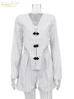 Clacive Fashion Stripe Print 2 Piece Sets Women Elegant Slim Long Sleeve Irregular Top With High Waist Shorts Set Streetwear - Image 5