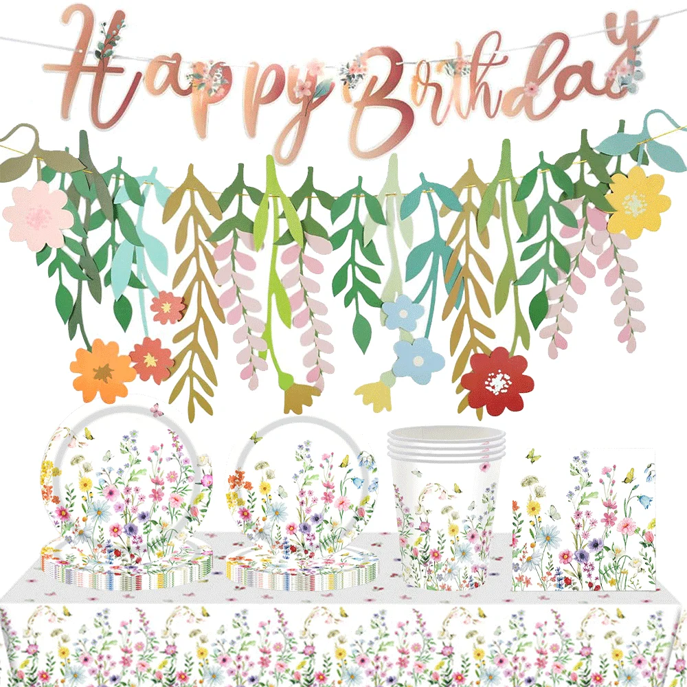 Wildblumen-Partydekorationen, Geburtstagsteller und Servietten, Luftballons, Blumenbanner, Frühlingsblumen, Babyparty, Gartenpartyzubehör