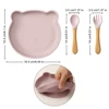 3PCS Baby Silicone Tableware Set Wooden Handle Spoon Fork Cartoon Bear Dishes Snack Plates Feeding Learning Baby Stuff 6