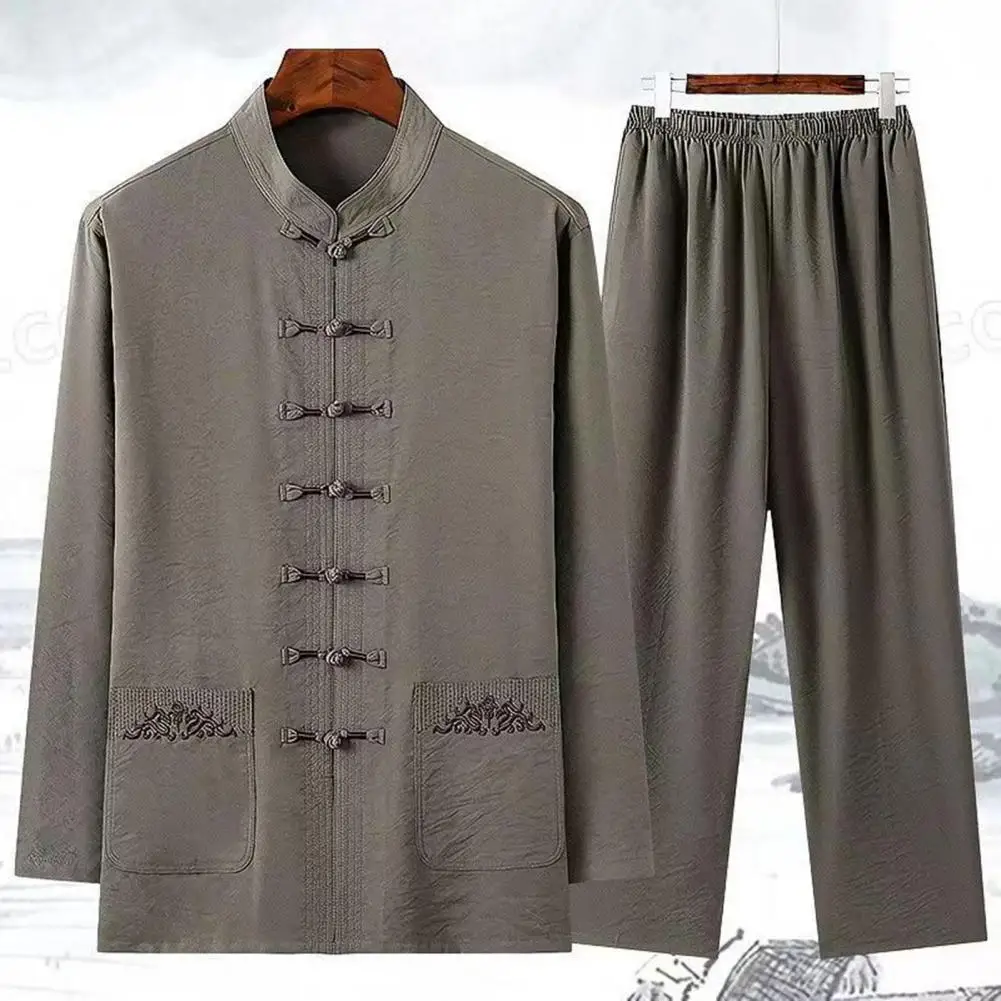 

Men Chinese Traditional Set Man Autumn Buckle Kung Fu Shirt Oriental Retro Top +Pants Tai Chi Breathable Uniforms Hanfu Sets