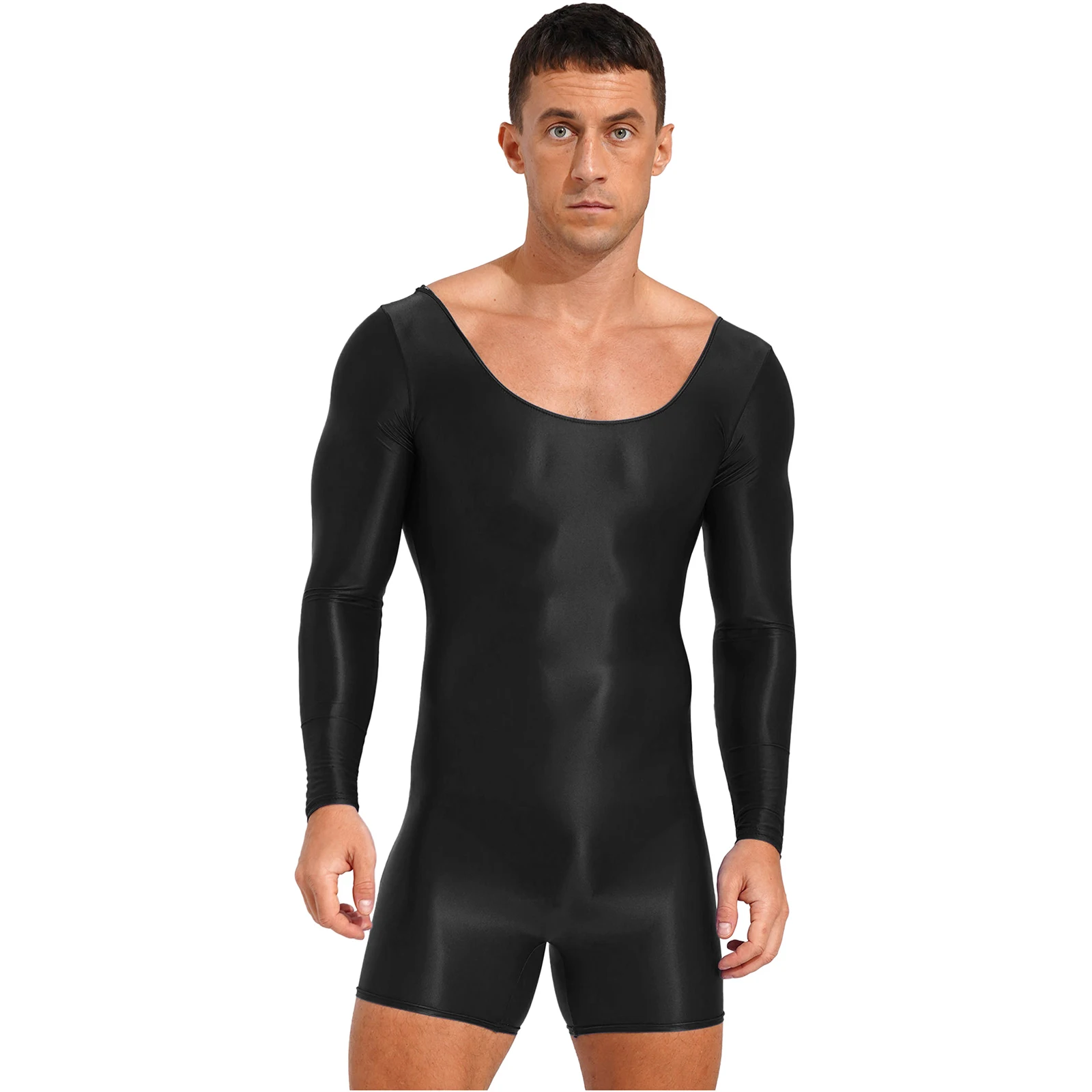 

Mens Sexy Glossy Bodysuit Long Sleeve Leotards Smooth Stretchy Jumpsuit One-piece Swimsuit Swimwear Yoga Sports Workout Fitness