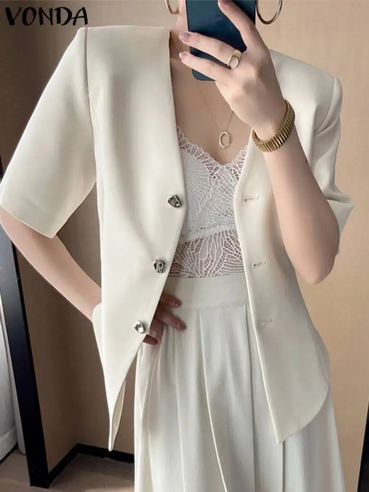 

Fashion Suits Women Blazer 2023 VONDA Sexy Solid Color Short Sleeve Coats Casual Button Irregular Hem Blazer Loose Outwears