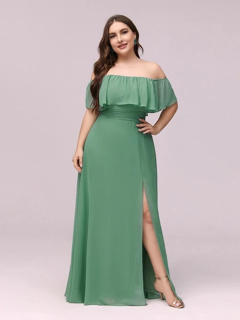 Plus Size Evening Dresses Off The Shoulder Bridesmaid 2022 Ever Pretty fo Long Lace Sleeve Elegant Prom Dress for Women EP00968 Green Bean