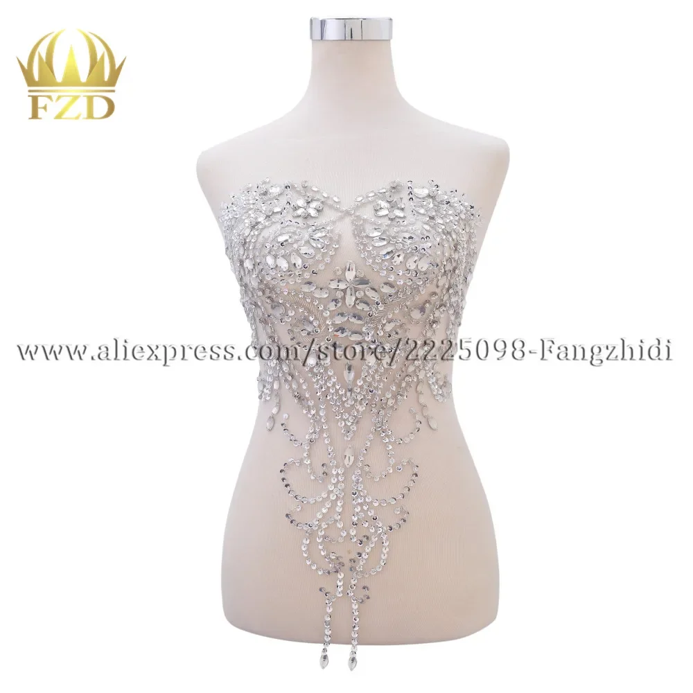 

FZD 1 Piece Handmade Clear Glass Stone Patches and Rhinestones applique with Gauze for Wedding Dresses, DIY Decorative Ball Gown