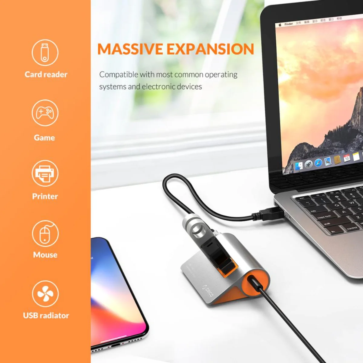 Orico Usb3.1 Gen2 Hub Alumínio Usb Hub pc Splitter 10gbps Super Velocidade com 12v Power Adapterfor Macbook pc Computer Acessórios - Imagem 5