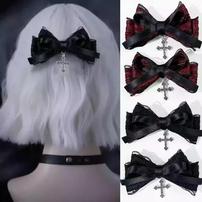 Y2k Gothic Cross Pendant Lace Bow Hair Clips for Woman Girls Dark Sweet Cool Personalized Hairpins Lolita Girl Hair Accessoires