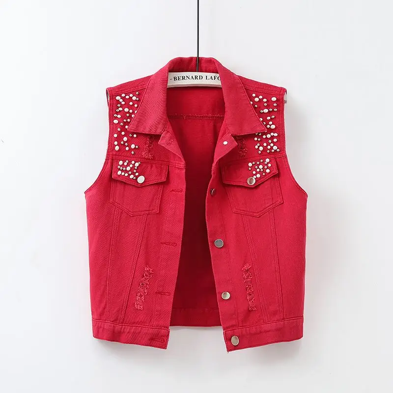 

Colorful Denim Vest Women SpringSummer Jeans Short Jacket New Hole Nail Bead Sleeveless Jacket Sweetheart Tops Female Waistcoats