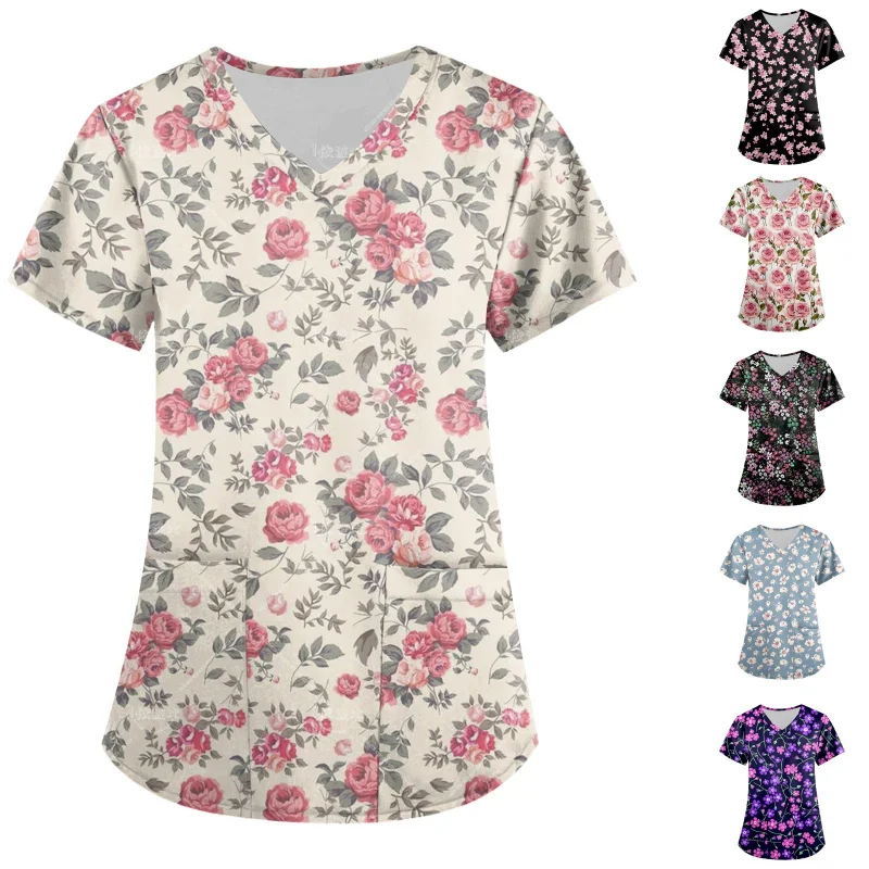 

Women's Fashion floral Printed Short Sleeve V Neck Nurse Uniforms Tops with Pocket Scrubs Costume Top Workwear Working T-shirts