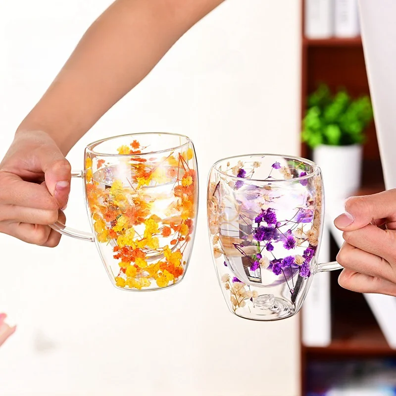 Double Wall Glass Cup 350ml Creative Real Dried Flower Filler With Handles High Borosilicate Glass